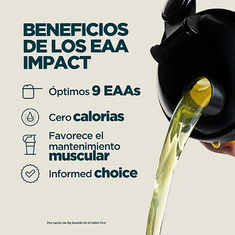 Image 1 - A dark shaker bottle pours a yellow liquid next to a list of benefits with icons: BENEFICIOS DE LOS EAA IMPACT, Óptimos 9 EAAs, Cero calorías, Favorece el mantenimiento muscular, Informed choice, Por ración de 9g basado en el sabor Uva. Image 2 - A background of bubbling purple liquid on the left and bubbling yellow liquid on the right, with white text that reads AMINOS ESENCIALES PARA EL DÍA A DÍA, DISPONIBLES EN SABORES JUGOSOS. Image 3 - A person drinks from a purple Myprotein shaker bottle, with a circular Informed Choice logo displaying INFORMED and WE TEST YOU TRUST, alongside the text CHOICE and Cada mes se recogen muestras a ciegas de nuestras instalaciones y se analizan por terceros para detectar sustancias prohibidas. Image 4 - A persons arms are visible, one hand holding a white and orange supplement pouch, with a black shaker bottle lid and a clear cup with purple liquid on a counter, overlaid with the text 20 AÑOS DE MEJORA CONSTANTE E INCANSABLE Formulado por nutricionistas expertos Calidad garantizada por evaluadores externos Fórmulas perfeccionadas con investigación real Fabricado en nuestras instalaciones de primer nivel, and the pouch reads IMPACT EAA. Image 5 - A person holds a clear shaker bottle containing purple liquid with white foam, displaying the Myprotein logo, next to text that reads: MARCA Nº1 EN NUTRICIÓN DEPORTIVA EN EUROPA. Constancia, calidad y más de 20 años haciéndolo bien. Respaldado por Euromonitor, la principal autoridad mundial en datos de mercado. Fuente: Euromonitor International Limited; edición Consumer Health 2025, ventas minoristas en valor (PVP), todos los canales de venta, datos 2024.