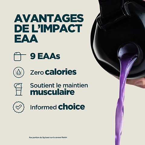 Image 1 - A black shaker bottle pours purple liquid next to a list of benefits: AVANTAGES DE LIMPACT EAA, 9 EAAs, Zero calories, Soutient le maintien musculaire, Informed choice, Par portion de 9g basé sur la saveur Raisin. Image 2 - A split image shows bubbling purple liquid on the left and bubbling yellow liquid on the right, with white text overlaying both that reads LES ACIDES AMINÉS ESSENTIELS, DISPONIBLES DANS DES SAVEURS JUTEUSES. Image 3 - A person drinks from a purple Myprotein shaker bottle with a Myprotein logo, while a black and green Informed Choice logo appears on the left side of the image with the text INFORMED, a green checkmark, WE TEST YOU TRUST, CHOICE, and further text stating Chaque mois, des échantillons sont prélevés à laveugle sur notre site et testés par un organisme tiers afin de détecter la présence de substances interdites. Image 4 - A person in a maroon hoodie with a tattooed arm holds a Myprotein Impact EAA bag on a counter next to a shaker cup, with overlaying text that reads: 20 ANS DE PERFECTIONNEMENT SANS RELÂCHE Conçus par des experts en nutrition Qualité garantie par des testeurs indépendants Formules améliorées par de véritables recherches produit dans nos installations exceptionnelles.