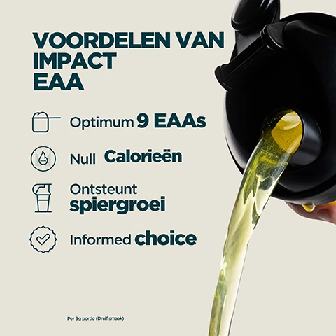 Image 1 - A black shaker bottle pours yellow liquid against a light beige background, displaying text that reads VOORDELEN VAN IMPACT EAA, Optimum 9 EAAs, Null Calorieën, Ondersteunt spiergroei, Informed choice, and Per 9g portie (Druif smaak). Image 2 - A background split vertically between frothy purple liquid on the left and frothy yellow liquid on the right, both with bubbles, with the text Essentiële aminozuren voor dagelijks gebruik, verkrijgbaar in heerlijke fruitige smaken. Image 3 - A person drinks from a Myprotein shaker bottle against a blue sky, with a circular logo stating INFORMED, WE TEST YOU TRUST and a green checkmark, accompanied by green text CHOICE and white text that reads Elke maand nemen we blinde monsters van onze producten en laten deze door een onafhankelijk laboratorium testen op verboden stoffen. Image 4 - A person in a maroon hoodie holds a Myprotein Impact EAA supplement pouch on a countertop next to a shaker, while overlaid text reads: 20 JAAR VAN VOORTDURENDE VERFIJNING, Vakkundig vervaardigd door voedingsdeskundigen, Kwaliteit gegarandeerd door onafhankelijke testers, Formules verfijnd op basis van echte onderzoeken, Geproduceerd bij Myproteins uitstekende faciliteiten. Image 5 - A persons hand, wearing a burgundy sleeve, holds a transparent Myprotein shaker bottle filled with purple liquid; the image contains text that reads: Myprotein: Europa’s nummer 1 merk in sportvoeding Consistentie, kwaliteit en meer dan 20 jaar perfectie. Gesteund door Euromonitor, de wereldwijde autoriteit op het gebied van marktdata. Source: Euromonitor International Limited; Consumer Health 2023ed, Myprotein’s retail value sales, World 2023 data. MYPROTEIN.
