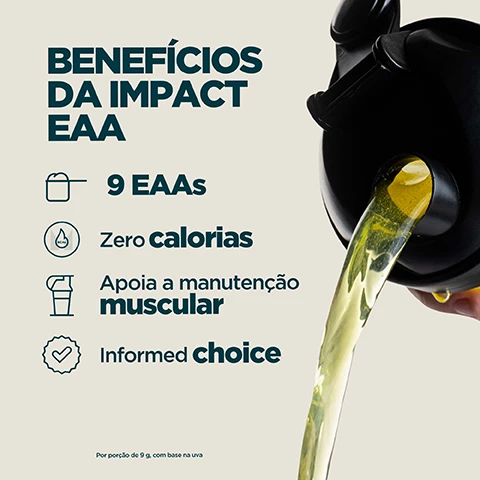 Image 1 - A black shaker bottle pours yellow liquid into the bottom right corner of the image, while on the left, a list of product benefits is displayed with icons: BENEFÍCIOS DA IMPACT EAA, 9 EAAs, Zero calorias, Apoia a manutenção muscular, Informed choice, followed by Por porção de 9 g, com base na uva. Image 2 - A background split vertically between purple and yellow liquids with bubbles displays the white text Essencial para o dia a dia aminos, disponíveis em sabores succulentos. Image 3 - A person drinks from a purple Myprotein shaker bottle, against a blue sky background, with a dark circular badge that reads INFORMED WE TEST YOU TRUST, and additional text that reads CHOICE Todos os meses, amostras cegas são retiradas do nosso local e testadas por terceiros para detetar substâncias proibidas. Image 4 - A persons tattooed hand holds a Myprotein Impact EAA supplement bag and a shaker cup with purple liquid, next to a list of features: 20 ANOS DE APERFEIÇOAMENTO ININTERRUPTO, Habilmente elaborado por nutricionistas, Qualidade garantida por testadores independentes, Fórmulas refinadas por pesquisa real, Produzido na Myproteins facilidades excelentes.
