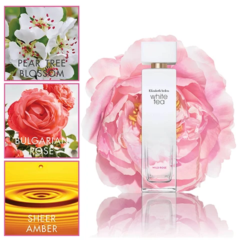 Image 1 - A perfume bottle titled White Tea by Elizabeth Arden is centered, surrounded by images of flowers including pear tree blossoms and Bulgarian roses, with a golden liquid representing sheer amber at the bottom.
              Image 2 - A promotional image featuring a black and white photograph of a woman with long hair looking at the camera, surrounded by pink flowers, with text that reads Elizabeth Arden white tea and find your moment next to a bottle of perfume.
