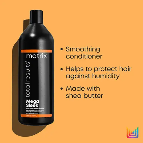 Image 1, smoothing conditioner, helps to protect hair against humidity, made with shea butter. Image 2, total results mega sleek the range