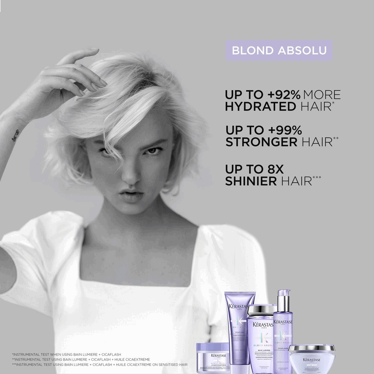Image 1, BLOND ABSOLU UP TO +92% MORE HYDRATED HAIR* UP TO +99% STRONGER HAIR** UP TO 8X SHINIER HAIR*** *INSTRUMENTAL TEST WHEN USING BAIN LUMIERE + CICAFLASH **INSTRUMENTAL TEST USING BAIN LUMIERE + CICAFLASH + HUILE CICAEXTREME ***INSTRUMENTAL TEST USING BAIN LUMIERE + CICAFLASH + HUILE CICAEXTREME ON SENSITISED HAIR Image 2, ANTI-OXIDANTS, EDELWEISS FLOWER, HYALURONIC ACID Image 3, ANTI-BRASS PURPLE SHAMPOO, LIGHTENED, COOL BLONDE OR GREY HAIR