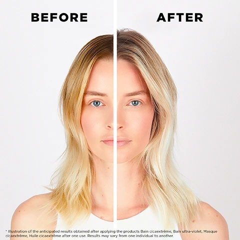 Image 1, before and after. illustration of the anticipated results obtained after applying the products bain cicaextreme, bain ultra-violet, masque cicaextreme after one use. results may vary from one individual to another. image 2, +99% STRONGER HAIR* Image 3, INTENSE FORTIFYING CONDITIONER KÉRASTASE PARIS PROTECTS AGAINST HAIR BREAKAGE* +99% STRONGER HAIR** UP TO +92% MORE HYDRATED HAIR*** UP TO 8X SHINIER HAIR**** H BLOND ABSOLU CICAFLASH ACDE HYALURONIQUE EDELWEISS Fondant fortant profond Cheveux décor ou miché Incense fortifying treatment Lightened or highlighted hair ANDERSE LIGHTENED OR HIGHLIGHTED HAIR RECHERCHE AVANCEE 250 Image 4, OPALESCENT LAVENDER MILKY GEL BLOND ABSOLU CICAFLASH Image 5, BLOND ABSOLU RANGE REDUCES THE LOOK OF SURFACE DAMAGES IN ONE USE* UP TO 95% STRONGER BLONDE HAIR** LEAVES THE SCALP FEELING HYDRATED*** KERASTASE ERASTASE KERASTASE KERASTA 2 KERASTASE WAND PARAJURONG W KERASTASE K Image 6, ULTRAVIOLET NEUTRALIZER EDELWEISS HYALURONIC ACID Image 7, BLOND ABSOLU CICAFLASH CONDITIONER THE science inside. edine ahbich kerastase scientific director said = cicaflash is highly charged reinforcing actives and nourishing lipids. the formula, also infused with hyaluronic acid, melts perfectly with blonde weakened hair fiber to provide instant hydration. combined with the bain lumiere, the result is blond hair that is 8 times more luminous and 11 times more resistant to breakage.