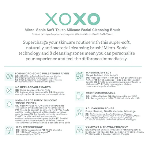 Image 1, XOXO micro sonic soft-touch silicone facial cleansing brush. Supercharge your skincare routine with this super soft naturally antibacterial cleansing brush! Micro sonic technology and 3 cleansing zones means you can personalise your experience and feel the difference immediately. Image 2, Before treatment and during treatment