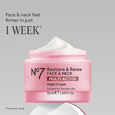 Open pink jar of white face cream labeled No7 Restore & Renew Face & Neck Multi Action Night Cream.