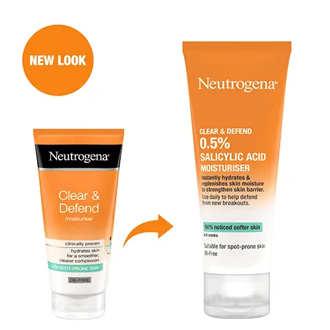 Image 1, New look Image 2, CLINICALLY PROVEN TO HELP PREVENT SPOTS Neutrogena CLEAR & DEPEND 0.5% SALICYLIC ACID MOISTURISER Image 3, 90% NOTICED SOFTER SKIN IN 8 WEEKS* *Clinical study, self-assessment, 31 subjects Image 4, WITH 0.5% SALICYLIC ACID Image 5, "IT ABSORBS QUICKLY AND SMELLS NICE. MY SKIN HAS BEEN LESS OILY AND I HAVE HAD FEWER BLEMISHES SINCE USING IT." *received free product Emma Home tester club member Image 6, lets make it clear