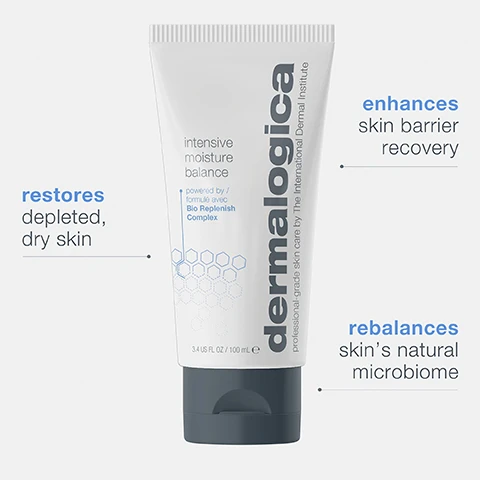 Image 1, restores depleted dry skin, enhances skin barrier recovery, rebalances skins natural microbiome. image 2, bioreplenish compelx = nourishes the skin's barrier. hyaluronic acid = locks in hydration and enhances skin's moisture content. prebiotic chlorella algae complex = rebalances the skin's microbiome