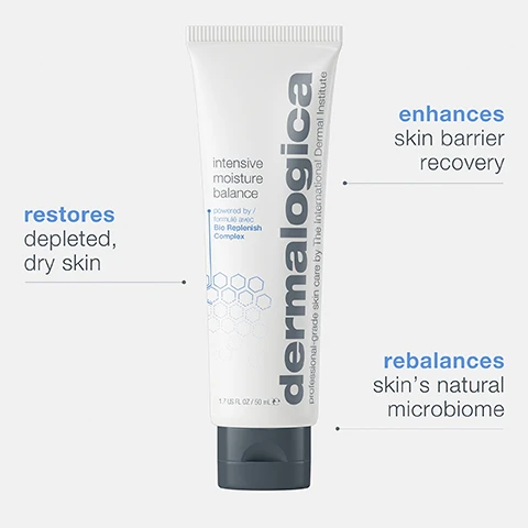 Image 1, restored depleted dry skin. enhances skin barrier recovery. rebalances skin's natural microbiome. image 2, bioreplenish complex = nourishes the skin's barrier. hyaluronic acid = locks in hydration and enhances skin's moisture content. prebiotics chlorella algar complex = rebalances the skin's microbiome. image 3, new jumbo size available.