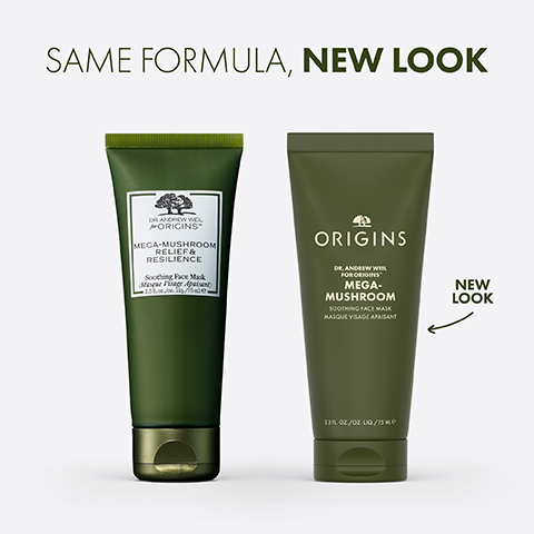A visual comparison shows two dark green tubes of face mask, highlighting a packaging update; visible text at the top reads SAME FORMULA, NEW LOOK; the left tube features a white label with text DR. ANDREW WEIL FOR ORIGINS MEGA-MUSHROOM RELIEF & RESILIENCE Soothing Face Mask Masque Visage Apaisant 2.5 FL. OZ. LIQ./75 mL, while the right tube, indicated by an arrow and the text NEW LOOK, displays text ORIGINS DR. ANDREW WEIL FOR ORIGINS MEGA-MUSHROOM SOOTHING FACE MASK MASQUE VISAGE APAISANT 2.5 FL. OZ. LIQ./75 mL.