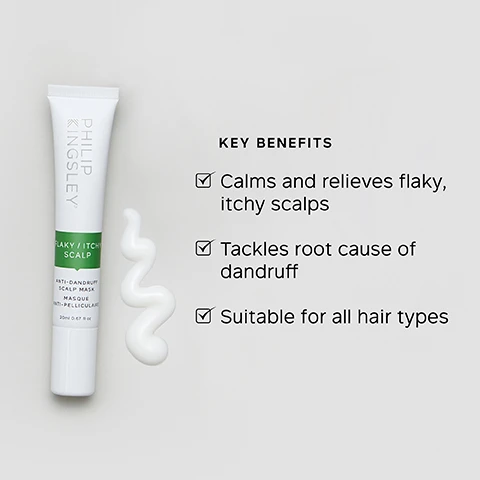 Image 1, before and after. image 2, key benefits. calms and relieves flaky, itchy scalps. tackles root cause of dandruff. suitable for all hair types. image 3, key ingredients. salicylic acid - exfoliates. prioctone olamine - antimicrobial to relieve flaking and itching. green tea extract - rich in antioxidants to calm whilst tackling the root cause of flaking. image 4, this has honestly improved and cleaned up my scalp so thoroughly. i've had bad dandruff build up for the better part of a decade. but this has been the best it's been in years - customer review.