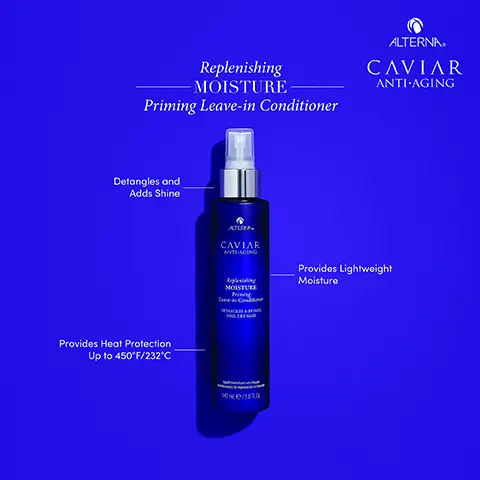 Image 1, replenishing moisture priming leave in conditioner, detangles and adds shine, provides lightweight moisture, provides heat protection up to 450F / 232 degrees. Image 2, replenishing moisture priming leave in conditioner, seasilk = commonly used to provide moisture, caviar extract = known to restore moisture and shine. age control complex = widely used to prevent damage. Image 3, Replenishing moisture and professional styling, before and after. Image 4, cleanse, condition, treat, thicken and finish