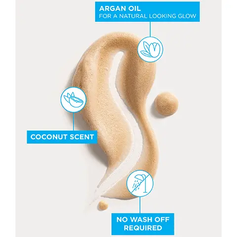 Image 1 - A smooth, light brown swirl of product is displayed with icons and text indicating argan oil for a natural looking glow, coconut scent, and no wash off required.
              Image 2 - Image shows three panels featuring the Liquid Gold Self Tanning Foam product: on the left, a bottle and pump with tan-colored foam; in the center, a woman in a black bikini holding the product; on the right, another bottle of the product; below the images, there are three icons stating never streaky, enriched with argan oil, and no wash off required.
              Image 3 - Image shows a hand holding a bottle of Bondi Sands Liquid Gold Self Tanning Foam against a blue background, with a speech bubble displaying a five-star rating and a testimonial from Gabrielle stating she was obsessed with the product for achieving a perfect bronze without streaks.