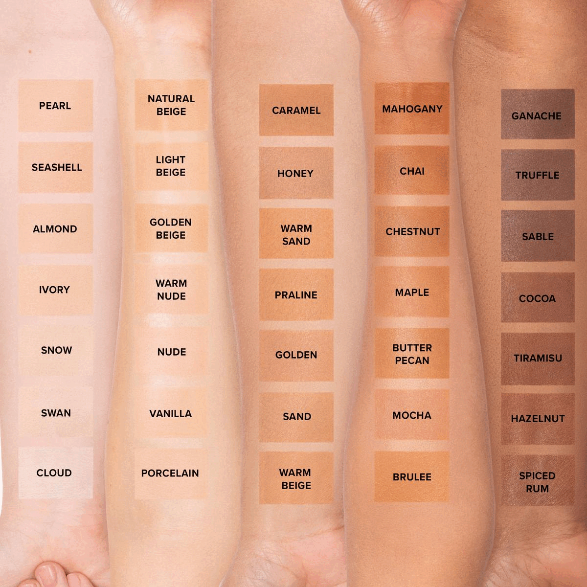Four images transitioning into each other in an endless loop. Image 1: Showing the different foundation shades. Text - Pearl, Natural, Beige, Caramel, Mahogany, Ganache, Seashell, Light, Beige, Honey, Chai, Truffle, Almond, Golden, Beige, Warm, Sand, Chestnut, Sable, Ivory, Warm, Nude, Praline, Maple, Cocoa, Snow, Nude, Golden, Butter, Pecan, Tiramisu, Swan, Vanilla, Sand, Mocha, Hazelnut, Cloud, Porcelain, Warm, Beige, Brulee, Spiced, Rum. Image 2: Shows three examples of the foundation in different shades of light, medium and dark. Text - VEGAN, crueltyfree, Infused with coconut water, hyaluronic acid & alpine rose, Oil-free formula, 12-hour longwear, 35 versatile shades. Image 3: A table of key information on products. Text - BORN THIS WAY MATTE: 24 HOUR UNDETECTABLE SUPER LONGWEAR FOUNDATION. This lightweight, oil-controlling, matte foundation stays true to color keeping you looking smooth and flawless for 24 hours. Natural Matte. Medium - Full. 24 Hours. NUMBER OF SHADES 35. KEY INGREDIENTS Coconut Water, Hyaluronic Acid, Alpine Rose. BORN THIS WAY: This oil-free, hydrating foundation masterfully diffuses the line between makeup and skin in 35 shades. Oil-free Photo-friendly Non-comedogenic, Longwearing, Hydrating, Oil-free, Non-comedogenic. Natural. 12 Hours. NUMBER OF SHADES 35. KEY INGREDIENTS Coconut Water, Hyaluronic Acid, Alpine Rose. BORN THIS WAY Super Coverage Multi-Use Sculpting Concealer: A skin perfecting concealer/makeup hybrid that conceals, contours, highlights, and retouches. Longwearing Hydrating, Oil-free, Non-comedogenic, Photo-friendly. Natural. COVERAGE Full. 12 Hours. NUMBER OF SHADES 35. KEY INGREDIENTS Coconut Water, Hyaluronic Acid, Alpine Rose. Image 4: Find your shade chart