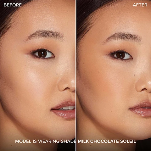Image 1 - A side-by-side comparison of a womans face labeled BEFORE on the left and AFTER on the right, showcasing a makeup transformation, with visible text stating MODEL IS WEARING SHADE MILK CHOCOLATE SOLEIL.
              Image 2 - A close-up portrait of a smiling woman with long black hair, wearing earrings, and displaying glossy lips, with visible text stating MODEL IS WEARING MILK CHOCOLATE SOLEIL.
              Image 3 - A round compact of chocolate-colored powder makeup is displayed with cocoa powder scattered around it, featuring text that reads 8-HOUR Wear, MATTE FINISH, MEDIUM, BUILDABLE Coverage, POWDER FORMULA, Infused with REAL COCOA POWDER, and Smells Like CHOCOLATE.
              Image 4 - Three arms display different shades of foundation swatches on their skin: Dark Chocolate Soleil, Chocolate Soleil, and Milk Chocolate Soleil, with each shade labeled beside the corresponding swatch.
              Image 5 - Image features four close-up portraits of women showcasing different makeup shades labeled as Milk Chocolate, Chocolate, and Dark Chocolate, with bronzer powder in the background.
              Image 6 - Image shows three bronzer compacts and several broken pieces of chocolate on a pink background, with text reading WARM UP WITH ALL 3 SHADES OF OUR LASTING, BUILDABLE BRONZER INFUSED WITH REAL COCOA POWDER and a heart-shaped label stating SMELLS LIKE CHOCOLATE.