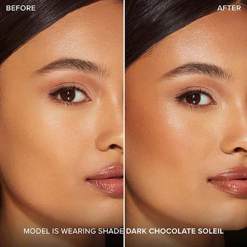 Image 1 - Image shows a models face in a side-by-side comparison with BEFORE on the left and AFTER on the right, highlighting the difference in skin tone and makeup application, with visible text stating MODEL IS WEARING SHADE DARK CHOCOLATE SOLEIL beneath the images.
              Image 2 - A close-up of a models face featuring glowing skin and a gold hoop earring with a pink star charm, with text at the bottom stating MODEL IS WEARING DARK CHOCOLATE SOLEIL.
              Image 3 - A round compact of chocolate matte powder with a gold lid is displayed, surrounded by cocoa powder, featuring text that reads 8-HOUR Wear, MATTE FINISH, MEDIUM, BUILDABLE Coverage, POWDER FORMULA, Infused with REAL COCOA POWDER, and Smells Like CHOCOLATE.
              Image 4 - Three arms display swatches of foundation in varying shades: Dark Chocolate Soleil, Chocolate Soleil, and Milk Chocolate Soleil, arranged in horizontal rectangles with corresponding labels on the left.
              Image 5 - Images of four women showcasing makeup looks with three bronzer shades labeled as Milk Chocolate, Chocolate, and Dark Chocolate, featuring various earrings in each image.
              Image 6 - Image features three round bronzer compacts with the words Milk Chocolate Matte, Dark Chocolate Matte, and Light Chocolate Matte, surrounded by broken chocolate bars and cocoa powder; text below reads WARM UP WITH ALL 3 SHADES OF OUR LASTING, BUILDABLE BRONZER INFUSED WITH REAL COCOA POWDER and theres a badge stating SMELLS LIKE CHOCOLATE.