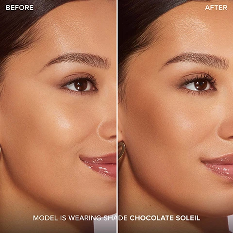 Image 1 - Side-by-side images showing a models face before and after applying makeup, with the left labeled BEFORE and the right labeled AFTER, and the text below stating MODEL IS WEARING SHADE CHOCOLATE SOLEIL.
              Image 2 - A smiling model with long hair is wearing gold heart-shaped earrings and glossy lip color, showcasing clear skin with visible text reading MODEL IS WEARING CHOCOLATE SOLEIL.
              Image 3 - A round compact of chocolate-colored powder makeup with a gold lid, surrounded by loose powder, includes text stating 8-HOUR Wear, MATTE FINISH, MEDIUM, BUILDABLE Coverage, POWDER FORMULA, Infused with REAL COCOA POWDER, and Smells Like CHOCOLATE.
              Image 4 - Three arms displaying swatches of foundation in various shades labeled as Dark Chocolate Soleil, Chocolate Soleil, and Milk Chocolate Soleil, with the swatches arranged vertically.
              Image 5 - Four cosmetic images showcase diverse skin tones with the labels Milk Chocolate, Chocolate, and Dark Chocolate displayed alongside makeup products in the background.
              Image 6 - The image shows three round bronzer compacts with different shades, positioned near chocolate bars and cocoa powder, with a heart-shaped label stating smells like chocolate and the text WARM UP WITH ALL 3 SHADES OF OUR LASTING, BUILDABLE BRONZER INFUSED WITH REAL COCOA POWDER.