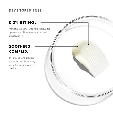 Image 1 - A close-up image of a glass dish containing a white, ridged cream or balm with text labels, including 0.3% RETINOL explaining its benefits for skin, and SOOTHING COMPLEX describing its calming properties.
              Image 2 - A white tube of SkinCeuticals Retinol 0.3 night cream is positioned next to a smooth, creamy texture, with text highlighting its anti-ageing properties, clinical results, and formulation to minimize discomfort associated with retinol.
              Image 3 - A close-up of a persons face showing smooth, glowing skin, with a circular highlight of a cream applied to their cheek, accompanied by the text Promotes cellular turnover + improves the appearance of wrinkles.
              Image 4 - Image depicting a skincare routine with four products labeled as a nighttime regimen, including Resveratrol B E, Retinol 0.3, A.G.E. Eye Advanced, and Triple Lipid Restore 2:4:2, along with the text COMPLETE THE NIGHTTIME REGIMEN at the top.