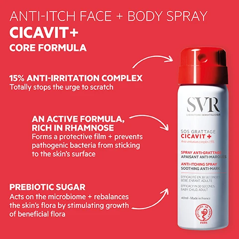 Image 1, anti itch face and body spray cicavit+ core formula. 15% anti irritation complex totally stops the urge to scratch. an active formula rich in rhamnose - forms a protective film and prevents pathogenic bacteria from sticking to the skin's surface. prebiotic sugar - acts on the microbiome and rebalances the skin's flora by stimulating growth of beneficial flora. image 2, how to use - spray onto skin from a minimum distance of 15cm as often as required. allow the product to absorb by itself no need to massage into the skin. for the face, first spray onto your palms, then apply with your hands. image 3, dual soothing and anti mark action - starts repairing skin from first application. age 3+. soothes itching from - insect bites, allergies, rashes, irritation, extreme dryness, scratching and more. texture - light cooling spray, non sting. hypoallergenic - tested under dermatologigal paediatric control. proven efficacy for temporary or prolonged itching. break the itch scratch cycle with effective anti itch action in just 30 seconds. 40ml = 80 applications. no massage needed, no contamination. eco responsible fully recyclable packaging.