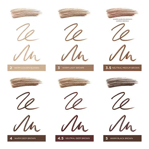 Image 1- swatches of the shades: 2 war golden blonde, 3 warm light brown, 3.5 neutral medium brown, 4 warm deep brown, 4.5 neutral deep brown, 5 warm black brown Image 2- shows the shades listed worn on models