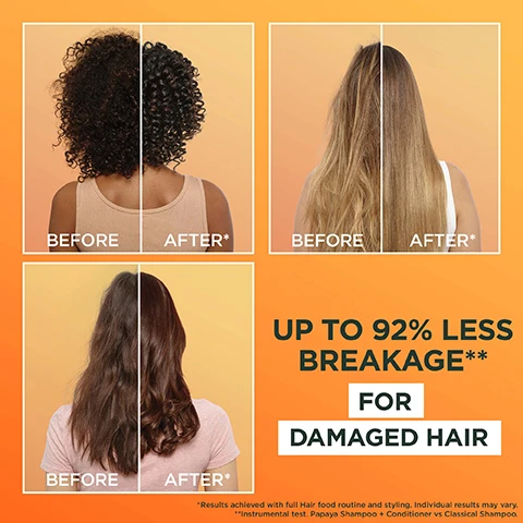 Image 1, before and after. up to 92% less breakage for damaged hair. results achieved with full hair food routine and styling. individual results may vary. instrumental test, papaya shampoo and conditioner vs classic shampoo. image 2, repairing papaya hair food. multi use mask for damaged hair. up to 92% less breakage. reformulates with vitamins c, e and f. 97% natural origin ingredients. instrumental test papaya shampoo and conditioner vs classic shampoo C and F derivates. image 3, no silicone for a natural feel. image 4, multi use mask 3 in 1 uses. 1 = instant treatment, apply on wet hair and rinse off. 2 = intense treatment, leave in for 3 mins on wet hair and rinse out thoroughly. 3 = leave in, on wet or dry hair, apply a small amount on lengths and tips. image 5, damaged hair? deeply repair your hair with papaya hair food. 1 = shampoo, cleanse without stripping. 2 = conditioner, detangle without weighing down. 3 = mask, deeply nourish. image 6, hair food fact based hair care. nourishing formula facts. 3% nourishing complex = deeply repairs. omega 3,6 and 9 = replenishes moisute. 4% fatty acids = strengthens hair fiber. image 7, give your hair the nourishment it needs by garnier. image 8, cruelty free and vegan formula. no animal derived ingredients