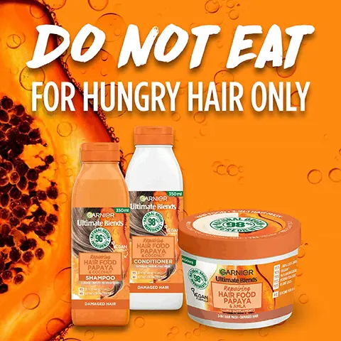 Image 1, DO NOT EAT FOR HUNGRY HAIR ONLY. Image 2, REPAIRING PAPAYA. Image 3, NATRUAL UP TO 98% ORIGIN. IMAGE 4, YUMMIEST TEXTURE. Image 5, YES VEGAN LEAPING BUNNY APPROVED BY YES CRUELTY FREE INTERNTIOAL YES RECYABLE NO SILICONE. Image 6, approved by cruelty free international leaping bunny