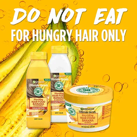 Image 1, DO NOT EAT FOR HUNGRY HAIR ONLY. Image 2, NOURISHING BANANA. Image 3, NATRUAL UP TO 98% ORIGIN. IMAGE 4, YUMMIEST TEXTURE. Image 5, YES VEGAN LEAPING BUNNY APPROVED BY YES CRUELTY FREE INTERNTIOAL YES RECYABLE NO SILICONE. Image 6, approved by cruelty free international leaping bunny