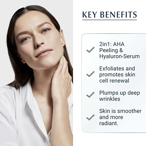 Image 1, key benefits. 2 in 1 AHA peeling and hyaluron serum. exfoliates and promotes skin cell renewal. plumps up deep wrinkles. skin is smoother and more radiant. image 2, how to use. press the top of the dispenser to release the optimum amount of both formulas, mix in the palm of your hand before applying to your face. for all skin types. image 3, 96% confirm refines skin texture. product in use study with 150 women, results after 4 weeks of application. image 4, key ingredients. AHA complex = exfoliates skin and stimulates cell renewal. saponin - stimulates hyaluronic acid production. hyalurin acid = refines first lines. image 5, recommended routine. 1 = special care - hyaluron filler day spf 30. special treatment hyaluron filler vitaminin c booster. 3 = night care hyaluron filler night.