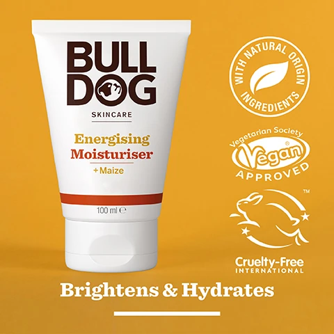 Image 2 - A white tube of Bulldog Skincare Energising Moisturiser with a yellow background, featuring the text BULLDOG SKINCARE Energising Moisturiser + Maize 100 ml and icons for With Natural Origin Ingredients, Vegan Approved, and Cruelty-Free International, along with the phrase Brightens & Hydrates.
              Image 3 - An arrangement of corn kernels on a bright yellow background with the text 95% Natural Origin, Unlock the true potential of natural origin ingredients, and Maize.
              Image 4 - A hand holding a tube of Bulldog Skincare Energising Moisturiser with visible text that reads Dull & Tired Skin.
              Image 5 - A white tube of Bulldog Skincare Energising Moisturiser featuring visible text BULL DOG, Energising Moisturiser + Maize, Brightens & Hydrates, 95% Natural Origin, and Recycled Tube, with notes about the tubes materials.
              Image 6 - Three skincare products from Bulldog are displayed on a bright orange background, including an Energising Face Scrub, Energising Face Wash, and Energising Moisturiser, with the text Revitalise Dull & Tired Skin prominently featured at the bottom.