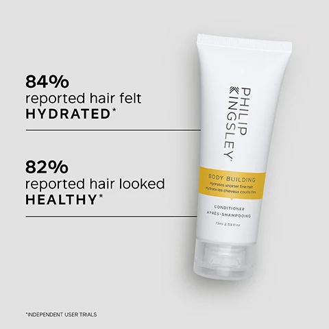Image 1 - A tube of Philip Kingsley Body Building conditioner is displayed on a light gray background, with text stating that 84% reported their hair felt hydrated and 82% reported their hair looked healthy, along with a note about independent user trials.
              Image 2 - An abstract white background with a glossy texture features a list of key benefits: Ultra-lightweight formula adds moisture without heaviness, delivers volume, smoothness, and shine, controls flyaways and frizz.
              Image 3 - A woman with short blond hair smiles at the camera, with a customer review text alongside her stating the conditioner feels weightless and leaves hair soft and manageable. CUSTOMER REVIEW.
              Image 4 - Image shows a close-up of a creamy white substance with the following text: KEY INGREDIENTS HYDROLYZED WHEAT PROTEIN Increases hair’s ability to retain moisture by reducing porosity. BEHENTRINOMIUM CHLORIDE Helps smooth the cuticle, add gloss and detangle.
              Image 5 - A side-by-side comparison of two hairstyles, showing a person with medium-length, light blonde hair; the left image shows messy, uneven hair labeled as Before, while the right image displays smooth, voluminous hair styled in a rounded bob labeled as After.
              Image 6 - A person with wet hair viewed from the back, with the text Trichologist Tip: After shampooing, gently work into the mid-lengths and ends of the hair, avoiding the roots. Rinse well. to the left.