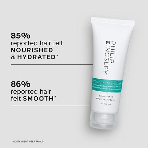 Image 1 - A tube of Philip Kingsley Moisture Balancing Conditioner is displayed on a light background, featuring text stating that 85% reported their hair felt nourished and hydrated and 86% reported their hair felt smooth, along with the product size of 7ml 2.53 fl oz.
              Image 2 - A smooth, white surface with the text KEY BENEFITS followed by three checkboxes listing Lightweight yet deeply conditioning, Reduces breakage, and Anti-static formula adds shine and strength.
              Image 3 - A side view of a person with long, wet hair being combed with a black comb, accompanied by the text: It leaves my hair HEALTHY, HYDRATED and in really GREAT CONDITION without looking or feeling weighed down. CUSTOMER REVIEW.
              Image 4 - An image showing a stylized blob of product with three bullet points listing key ingredients: Guar provides static-free control and smoothness while retaining natural volume, Silicone adds shine and reduces static, Hydrolyzed Elastin is a protein that penetrates the hair shaft, increasing elasticity without weighing hair down.
              Image 5 - Image shows a woman with long, straight hair on the left labeled BEFORE and the same woman with styled, wavy hair on the right labeled AFTER.
              Image 6 - A woman with wet hair is applying hair products in a bathroom, with text that reads Trichologist Tip: After shampooing, gently work into the mid-lengths and ends of the hair, avoiding the roots. Rinse well.