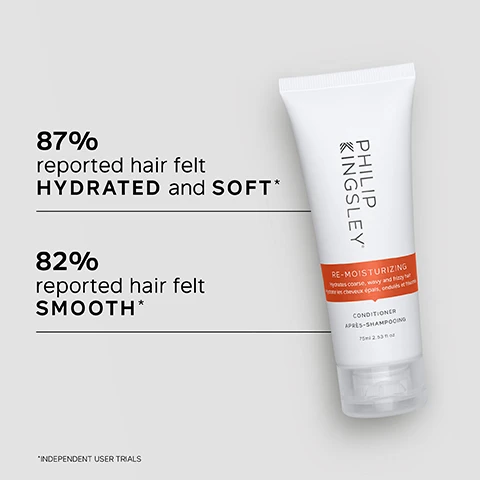 Image 1 - A tube of Philip Kingsley Re-Moisturizing Conditioner is displayed, with text indicating that 87% reported hair felt hydrated and soft, and 82% reported hair felt smooth.
              Image 2 - Image shows a textured cream background with text listing key benefits of a hair care product, including intense hydration and frizz reduction. The visible text reads: KEY BENEFITS, followed by three checkbox items detailing the benefits.
              Image 3 - A woman with long, wavy, dark brown hair smiles while wearing a white top, with a customer review text stating that the product has made her hair softer, tamed frizz, and defined her waves.
              Image 4 - A creamy white hair product swatch is shown against a light gray background, with text listing key ingredients: Hydrolyzed Oat Protein, which softens hairs texture and aids moisture retention, and a Unique Blend of Waxes, which smooths and moisturizes cuticles for reflective shine.
              Image 5 - A person with wavy, frizzy dark hair is shown on the left labeled Before, and the same person has straight, sleek dark hair on the right labeled After.
              Image 6 - A close-up of a person with wet, curly hair being combed with a black comb, accompanied by visible text that reads TRICHOLOGIST TIP: After shampooing, gently work into the mid-lengths and ends of the hair, avoiding the roots. Rinse well.