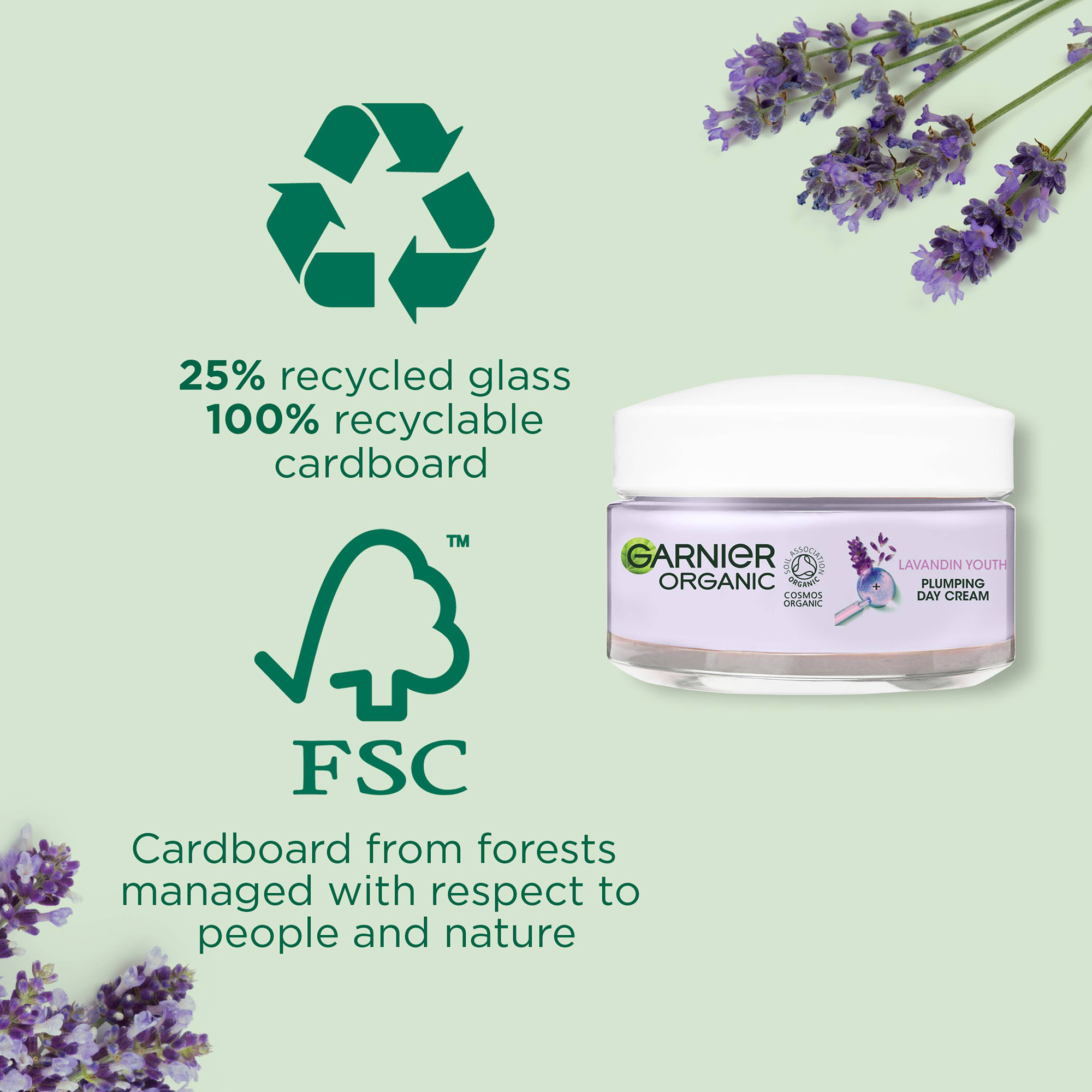 255 recycled glass 100% recyclable cardboard and FSC cardboard from forests managed with respect to people and nature