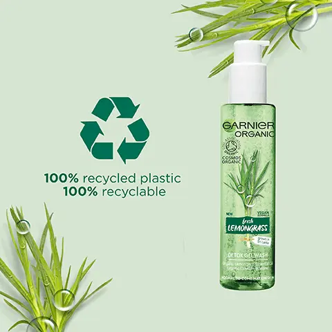 Image 1, 100% recycled plastic 100% recyclable. Image 2, Refreshing lemongrass polishing konjac, lemongrass gel wash and lemongrass moisturiser