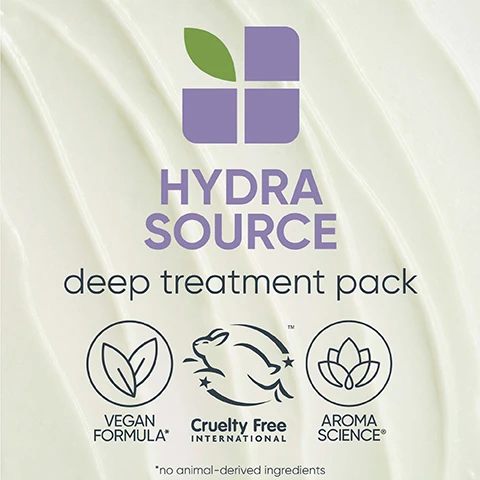 image 1, hydra source deep treatment pack. vegan formula, cruelty free international, aroma science. no animal derived ingredients. image 2, 1 = cleanse, 2 = condition. 3 = treat.