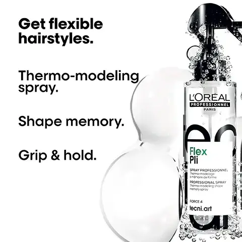 Image 1 - A clear bottle of LOréal Professional Flex Pli thermo-modeling spray is shown with bubbles and white fluid alongside text that reads Get flexible hairstyles, Thermo-modeling spray, Shape memory, and Grip & hold.
              Image 2 - A stylists hand gently touches the head of a person with long, coppery-red wavy hair, with their profile showing light blue eyes and freckles, alongside the text Tecni art: BORN BACKSTAGE Found backstage at the biggest fashion week shows.
              Image 3 - Four images showing hair transformations: two before and two after; the top two show long, straight blonde hair, and the bottom two feature wavy, voluminous blonde hair; visible text reads Before and After in the corners, with additional text at the bottom stating After disco curls: application of Volume extra full, Flex Liss Control, flex depolish, fix design.
              Image 4 - A man with glasses and a mustache wears a black t-shirt and poses against a white background, featuring the text Pros love it. Flex Pli is like a primer to fix movement, create texture because of its nice heat memory. below him, along with his Instagram handle @claudiopachecohairstylist and the description Celebrity hairstylist & colorist.
              Image 5 - Image shows a step-by-step guide for using a hair product, including three images: the first depicts a hand spraying product on towel-dried hair, the second shows a blow dryer being used to lift hair roots, and the third illustrates hair being styled with hot tools for waves and curls, with text outlining the steps.