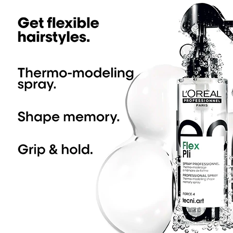 Image 1 - A clear bottle of LOréal Professional Flex Pli thermo-modeling spray is shown with bubbles and white fluid alongside text that reads Get flexible hairstyles, Thermo-modeling spray, Shape memory, and Grip & hold.
              Image 2 - Image depicts two spray bottles side by side, the left labeled TECNI.ART PLI Spray thermo-modelant and the right labeled LORÉAL PROFESSIONAL PARIS Flex Pli, with an arrow between them and the text Same formula, new pack. at the top.
              Image 3 - Four images showing hair transformations: two before and two after; the top two show long, straight blonde hair, and the bottom two feature wavy, voluminous blonde hair; visible text reads Before and After in the corners, with additional text at the bottom stating After disco curls: application of Volume extra full, Flex Liss Control, flex depolish, fix design.
              Image 4 - A man with glasses and a mustache wears a black t-shirt and poses against a white background, featuring the text Pros love it. Flex Pli is like a primer to fix movement, create texture because of its nice heat memory. below him, along with his Instagram handle @claudiopachecohairstylist and the description Celebrity hairstylist & colorist.
              Image 5 - Image shows a step-by-step guide for using a hair product, including three images: the first depicts a hand spraying product on towel-dried hair, the second shows a blow dryer being used to lift hair roots, and the third illustrates hair being styled with hot tools for waves and curls, with text outlining the steps.