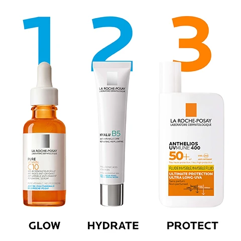 Image 1 - Image showing three skincare products from La Roche-Posay, labeled with the numbers 1, 2, and 3 above each; the first product is a vitamin C serum titled PURE VITAMIN C10, the second is a cream labeled HYALU B5 ANTI-WRINKLE CARE REPAIRING REPLUMPING, and the third is a sunscreen labeled ANTHELIOS UVMUNE 400 50+ ULTIMATE PROTECTION ULTRA LONG UVA.
              Image 2 - A person in a white lab coat is partially visible against a light blue background, with text that reads No. 1 DERMATOLOGIST RECOMMENDED SKINCARE BRAND IN THE UK* and a footnote stating Study of 74 Consultant Dermatologists Jan-May 2022.
              Image 3 - An image showcasing a bottle of La Roche-Posays Pure Vitamin C10 Serum in front of a gradient of skin tones, with the text PURE VITAMIN C10 SERUM and SUITABLE FOR ALL SKIN TYPES.
              Image 4 - A bottle of La Roche-Posay Pure Vitamin C10 serum with a dropper next to step-by-step instructions that read apply after cleansing and fill dropper with serum and apply 3-4 drops on face and neck.