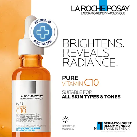 Image 1, Brightens, reveals, radiance. Pure vitamin C10, suitable for all skin types and tones. Image 2,Expert ageing serums recommended by dermatologists.