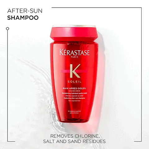 Image 1, after sun shampoo, removes chlorine salt and sand residue. Image 2, soleil UV light, salt and chlorinated water can take its toll on your hair. Hair is left hydrated and smooth. Image 3, coconut water, solar tuberoe, UV filters