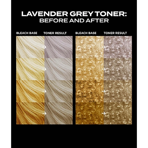 Image 1 - The image shows a comparison grid of straight and curly hair textures, demonstrating the transformation from various bleach blonde shades to lavender grey toner results, with the text Lavender Grey Toner: Before and After, Bleach Base, Toner Result, Bleach Base, Toner Result. Image 2 - A before and after image of a woman, showing her on the left with brassy blonde hair and on the right with light lavender hair, with the text BEFORE and AFTER. Image 3 - A collage features 11 diverse individuals with a wide range of hair colors and styles, such as curly blonde, peach, silver, green, blue, red-tipped black, and dreadlocks, surrounding a central black panel with bright green text FOR ALL HAIR. Image 4 - A black background displays several product benefit labels including a purple label stating VEGAN & CRUELTY FREE, a white bunny logo for cruelty-free products, a pink oval label stating BORN IN THE SALON, a green circular label with a recycling symbol stating RECYCLABLE PACKAGING, and a lime green label stating FOR ALL HAIR TYPES.