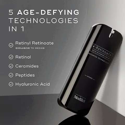 5 age-defying technologies in 1. Retinyl Retinoate Exclusive to Medik8. Retinal. Ceramides. Peptides. Hyaluronic Acid. Featuring Retinyl Retinoate. Patented and exclusive to Medik8. A super molecule fusing retinol and retinoic acid. Powerful results, even on sensitive skin.