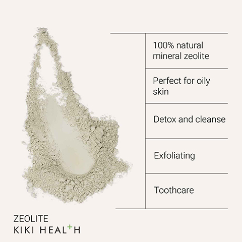 Image 1 - A pile of light gray mineral zeolite powder is shown on a light background, with text to the right stating 100% natural mineral zeolite, perfect for oily skin, detox and cleanse, exfoliating, and toothcare.