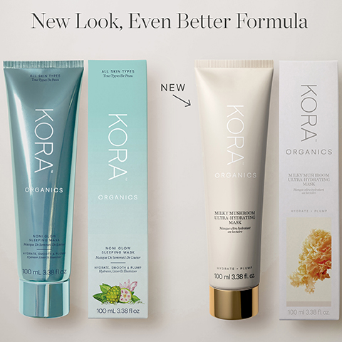 Image 1 - Two KORA Organics skincare products are shown side by side, one in a teal tube labeled Non-Glow and the other in a beige tube labeled Milky Mushroom Ultra Hydrating Mask, with the text New Look, Even Better Formula above them.