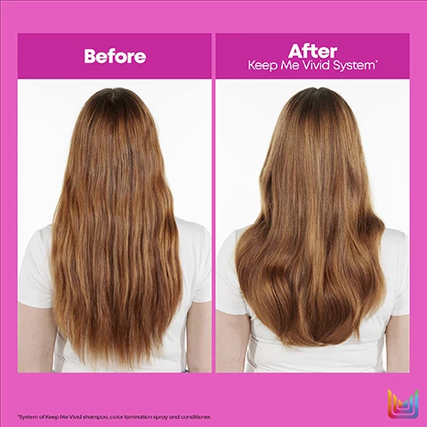 Image 1, before and after with keep me vivid system. Image 2, gentle shampoo, maintain vibrancy of fast fading colours, suitable for all colour treated hair types. Image 3, keep me vivid prolongs and maintains colour vibrancy for up to 65 days. cleanse with colour retention shampoo, nourish with colour retention conditioner, maintain with colour lamination spray. Image 4, new look same great formula.