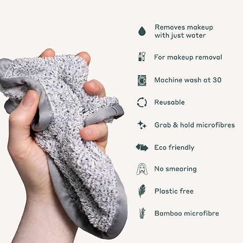 Image 1 - A hand is holding a fluffy gray makeup removal cloth with various product features displayed alongside, including Removes makeup with just water, For makeup removal, Machine wash at 30, Reusable, Grab & hold microfibres, Eco friendly, No smearing, Plastic free, and Bamboo microfibre.
              Image 2 - An illustration comparing the structure of microfibre bamboo cleansing cloths when dry and wet, with visible text reading Wipe Out, Microfibre Bamboo Cleansing Cloths, Dry, and Wet.
              Image 3 - A stack of rolled grey makeup removal cloths is displayed on a marble surface, with text indicating they remove makeup with warm water, are reusable thousands of times, made of 100% bamboo microfiber, and are plastic-free.