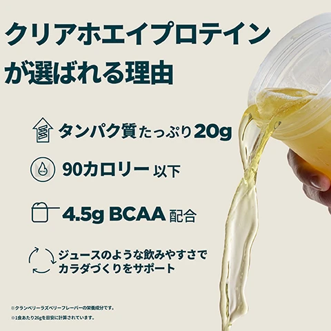 Image 1 - A hand pours yellow liquid from a clear shaker bottle against a light beige background with text that reads クリアホエイプロテイン が選ばれる理由, タンパク質たっぷり 20g, 90カロリー 以下, 4.5g BCAA 配合, ジュースのような飲みやすさでカラダづくりをサポート, ※クランベリーラズベリーフレーバーの栄養成分です。, and ※1食あたり26gを目安に計算されています。. Image 2 - Four quadrants show colorful drinks with ice cubes in shades of red, orange, gold, and purple, with white text overlaying that reads 20種類以上のおいしいフレーバーからお選びいただけます. Image 3 - A white protein supplement tub with a peach-themed label, displaying the text MYPROTEIN CLEAR Whey Protein PEACH TEA 20g / LOW / 4.5g SUGAR, is shown inside a light gray locker next to a column of white Japanese text describing features, which reads 20年間、磨き続けた品質, 栄養士による商品開発, 第三者機関による品質保証, 徹底した研究に基づいた配合, and 高品質な自社工場での製造, with the number 33 visible on the locker door. Image 4 - A person drinks from a purple Myprotein shaker bottle under a bright sky, with a circular Informed Choice We Test You Trust logo and the text Choice overlaid, followed by Japanese text that reads 毎月、当社の施設からブラインドサンプルを抽出し、第三者機関を通じて禁止物質の検査を実施しております。