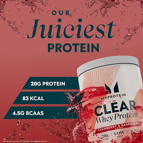 OUR Juiciest PROTEIN. 20G PROTEIN. 83KCAL. 4.5 BCAAS. Based on a serving of Cranberry & Raspberry flavour.