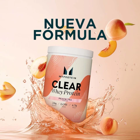 An advertisement for MyProteins Clear Whey Protein in peach tea flavor, featuring a container with splash effects and the text NUEVA FÓRMULA, 20g protein, LOW sugar, and 4.5g BCAA.