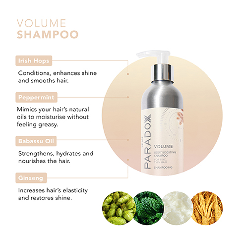 VOLUME SHAMPOO Irish Hops Conditions, enhances shine and smooths hair. Peppermint Mimics your hair's natural oils to moisturise without feeling greasy. Babassu Oil Strengthens, hydrates and nourishes the hair. Ginseng  Increases hair's elasticity and restores shine. PARADOX 具 VOLUME BODY BOOSTING SHAMPOO FOR FINE THIN HAIR SHAMPOOING